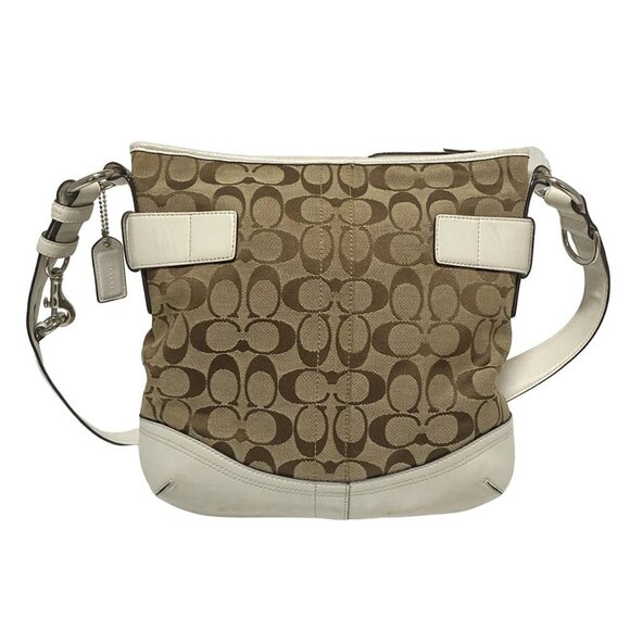 Auth COACH Signature Soft Duffle 3574 Khaki White Jacquard Leather Shoulder Bag - Picture 2 of 8